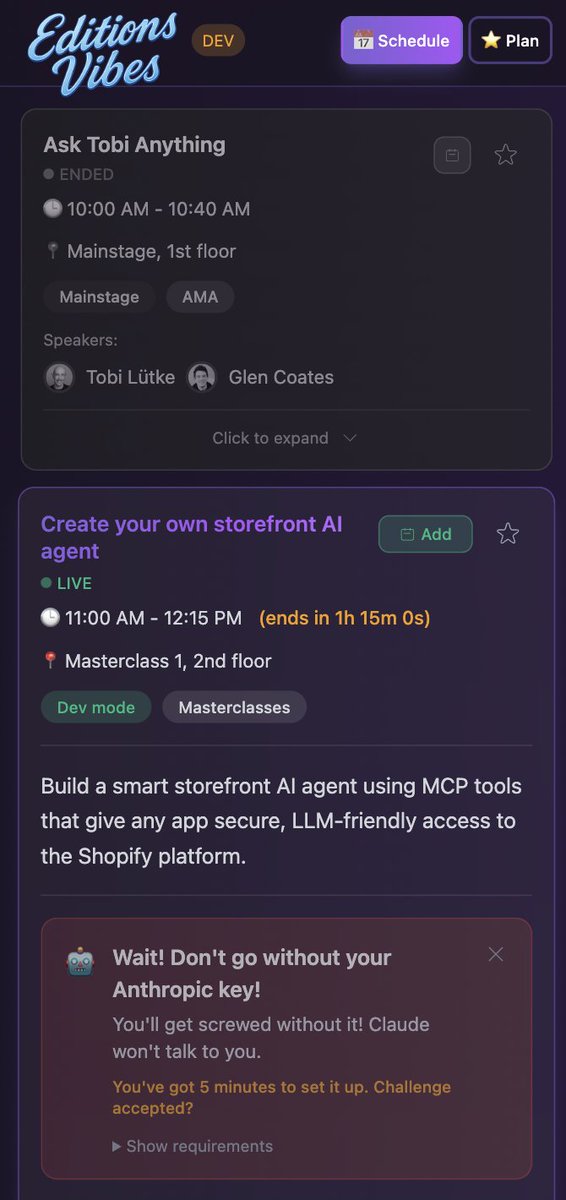 ivalsaraj's tweet photo. 🌈 📷 (My Secret Weapon today) @Shopify @ShopifyDevs Editions 2025 in Vibrant Vibes - Schedules on Steroids (Try App in comments) whoo ho!!  

✅ LIVE SESSION → Real-time countdowns show exactly when sessions end ("ends in 12m"), "Live" now.

✅ One click to calendar.

(1/n) https://t.co/W09840F4uV