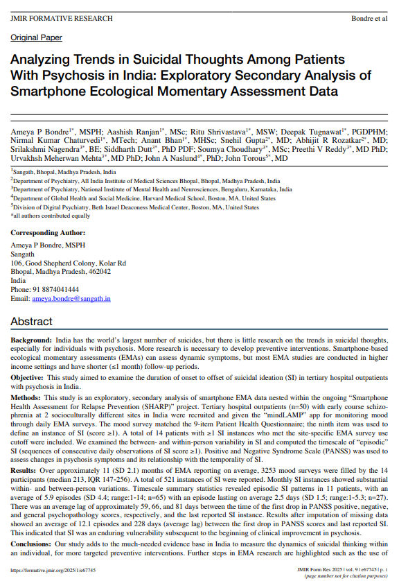 Anant Bhan (@anantbhan) on Twitter photo Our latest publication in <a href="/JMIR_Formative/">JMIR Formative Research</a>
As part of the SHARP consortium (2021–ongoing), our 8th paper explores patterns of suicidal ideation among individuals living with schizophrenia in real-world outpatient settings in Bhopal & Bengaluru, India
formative.jmir.org/2025/1/e67745 Our latest publication in <a href="/JMIR_Formative/">JMIR Formative Research</a>
As part of the SHARP consortium (2021–ongoing), our 8th paper explores patterns of suicidal ideation among individuals living with schizophrenia in real-world outpatient settings in Bhopal & Bengaluru, India
formative.jmir.org/2025/1/e67745