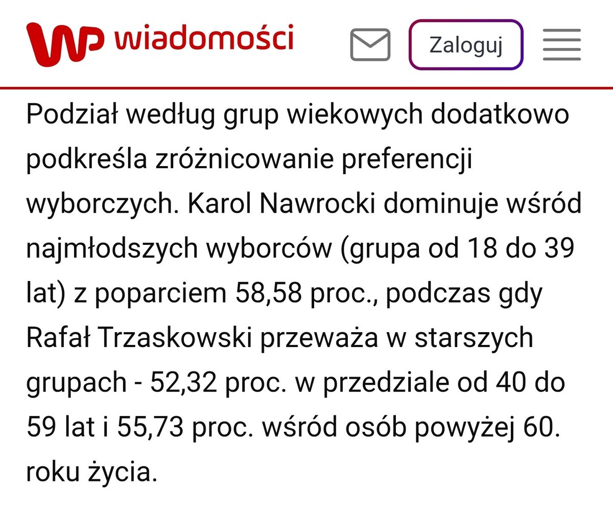 John Bingham (@mrjohnbingham) on Twitter photo Młodzi, wykształceni, z wielkich miast, średnich miast, małych miast i wsi będą głosować na Karola Nawrockiego. W ten sposób runęła najbardziej zakłamana narracja III RP.
Grupa 18-39 lat:
<a href="/NawrockiKn/">Karol Nawrocki</a> - 58,58%
<a href="/trzaskowski_/">Rafał Trzaskowski</a> - 41,42%
źródło: <a href="/OGB_Pro/">OGB Pro</a> dla <a href="/wirtualnapolska/">Wirtualna Polska</a> Młodzi, wykształceni, z wielkich miast, średnich miast, małych miast i wsi będą głosować na Karola Nawrockiego. W ten sposób runęła najbardziej zakłamana narracja III RP.
Grupa 18-39 lat:
<a href="/NawrockiKn/">Karol Nawrocki</a> - 58,58%
<a href="/trzaskowski_/">Rafał Trzaskowski</a> - 41,42%
źródło: <a href="/OGB_Pro/">OGB Pro</a> dla <a href="/wirtualnapolska/">Wirtualna Polska</a>