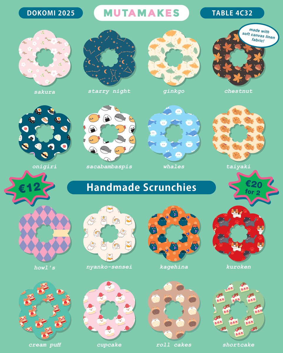 Hi everyone! 🐻🌸
I'm Muta, joining Dokomi for the first time!

I make enamel collar pins, pouches, plushie bags, handmade scrunchies, and sparkly stickers ✨

You can find me Table 4C32 in Hall 4 for Fashion &amp; Craft 

#artistsofdokomi2025
#dokomi2025

My Catalogue 🧵 (1/3)