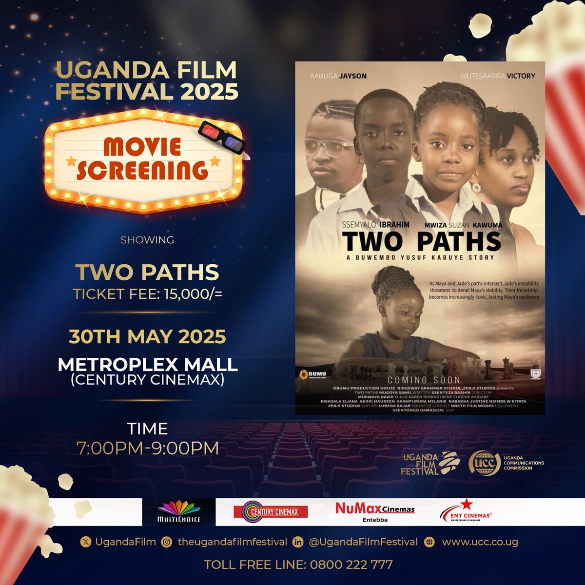 Day 5 | Today’s spotlight is on the Best Feature Film nominees.

Catch these powerful local stories on big screens!🍿🎬

📍Acacia Mall – Kimote 
📍Arena Mall – Fatal
📍Metroplex Mall – Two Paths
📍EMT Cinema – Nkinzi 
📍Numax Entebbe – At The Edge 

🎟️Tickets:
15K – <a href="/CinemaxUg/">Century Cinemax Uganda</a> &amp;