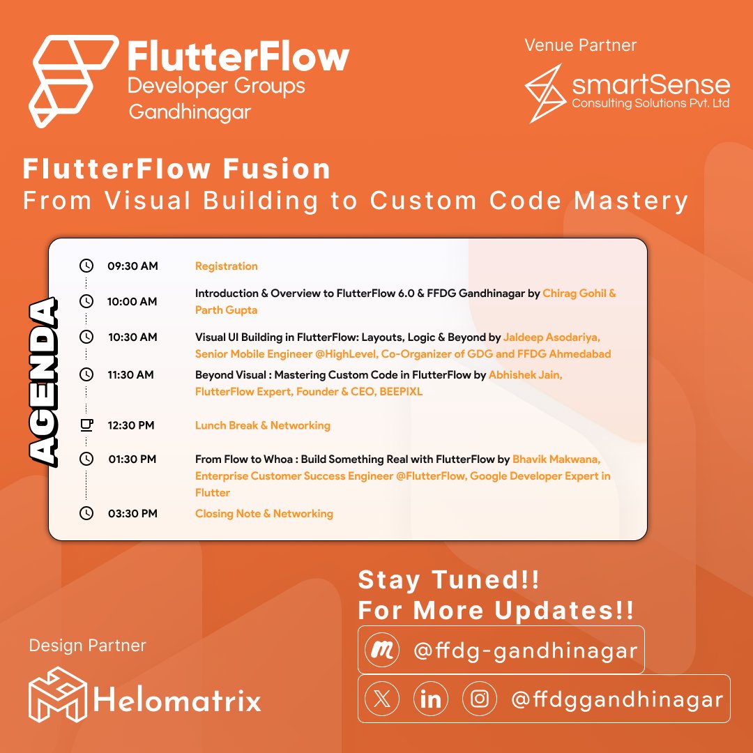 FFDGGandhinagar's tweet image. A day designed for developers who want to do more than just listen.
Explore the full agenda for "FlutterFlow Fusion: From Visual Building to Custom Code Mastery"
🗓️31 May,2025
📍@smartsense13
⚡️Last chance to RSVP: tinyurl.com/ffdggnr4
#FFDGGandhinagar #FlutterFlow