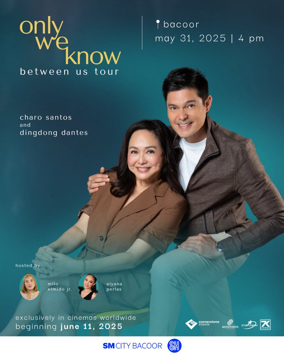 StarCinema's tweet image. Join us for a jamming session tomorrow, May 31 at SM City Bacoor! 🩵

Join Charo Santos and Dingdong Dantes in ‘Between Us’ tour at SM City Bacoor! 

Get ready to jam with Gello Marquez, Jordan Andrews, Isabel Laohoo, Matt Cruz, Eli Padilla, Ajaa, Kobe Francisco, Ban, Kerwin…