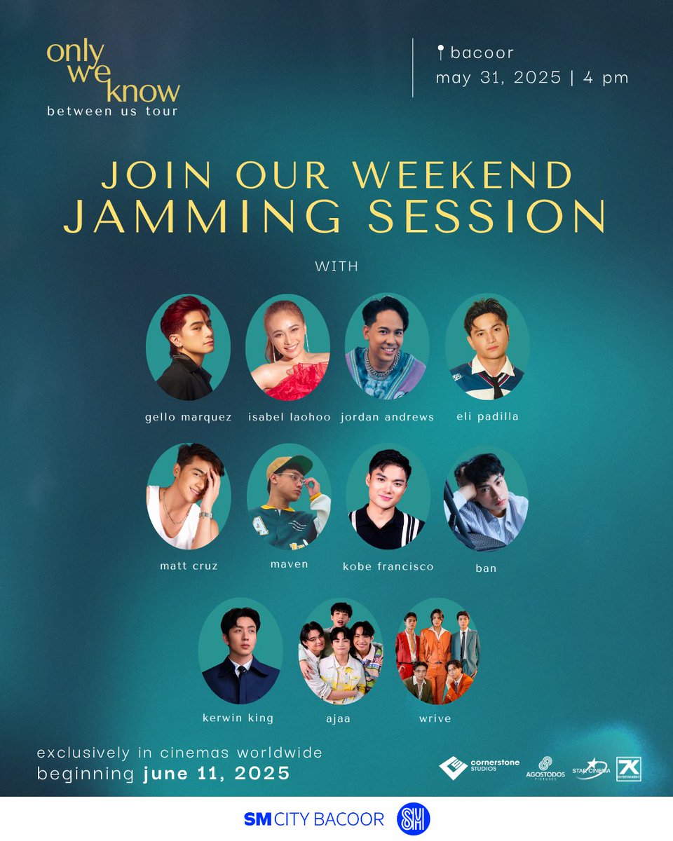 StarCinema's tweet image. Join us for a jamming session tomorrow, May 31 at SM City Bacoor! 🩵

Join Charo Santos and Dingdong Dantes in ‘Between Us’ tour at SM City Bacoor! 

Get ready to jam with Gello Marquez, Jordan Andrews, Isabel Laohoo, Matt Cruz, Eli Padilla, Ajaa, Kobe Francisco, Ban, Kerwin…