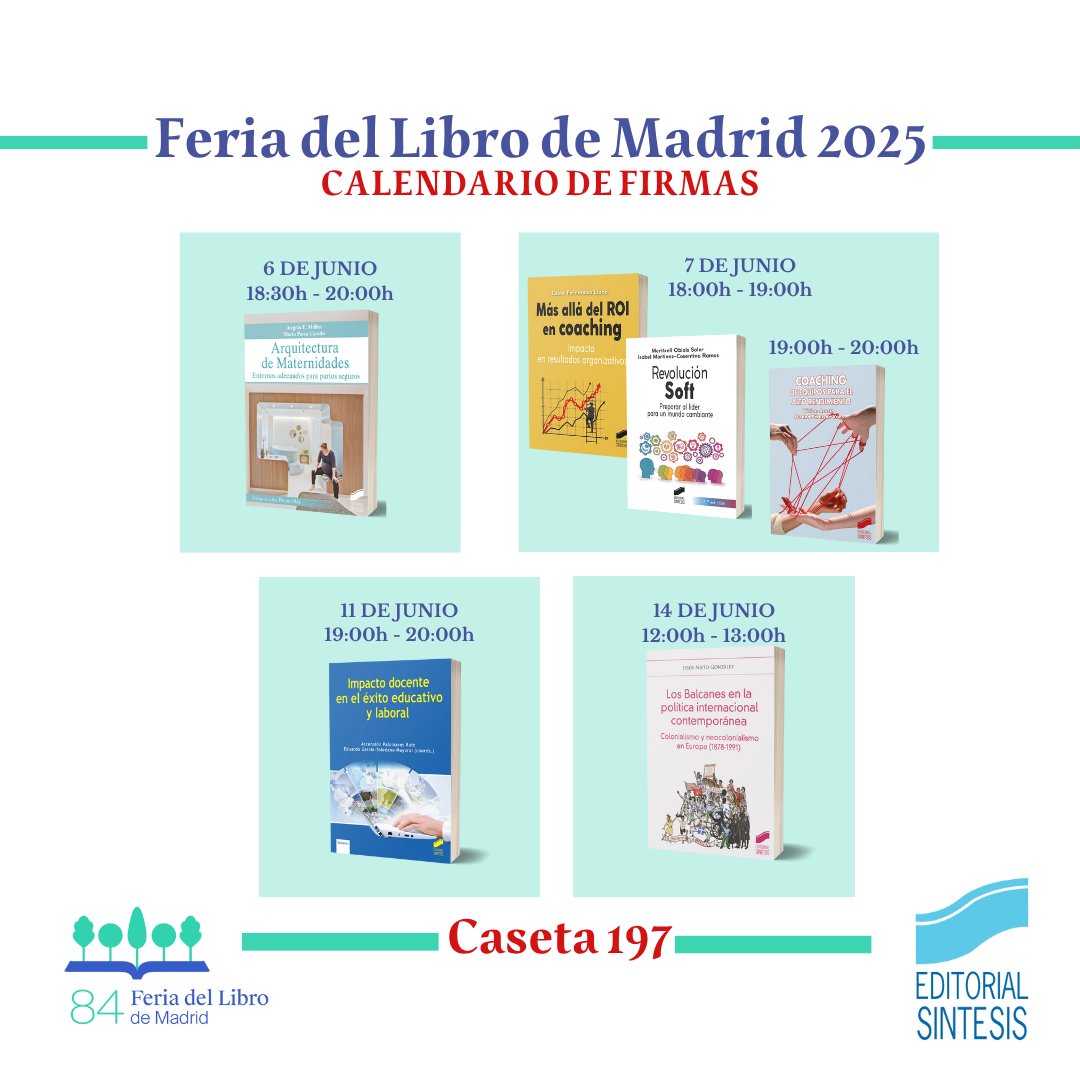 📖 Tal y como anunciamos días atrás, en la 84 edición de la Feria del Libro de Madrid, nos visitarán algunos autores para firmar sus libros en nuestra caseta nº. 197. Os dejamos a continuación la agenda completa de firmas.

sintesis.com/noticias/firma…

#FLMadrid25 #editorialsintesis