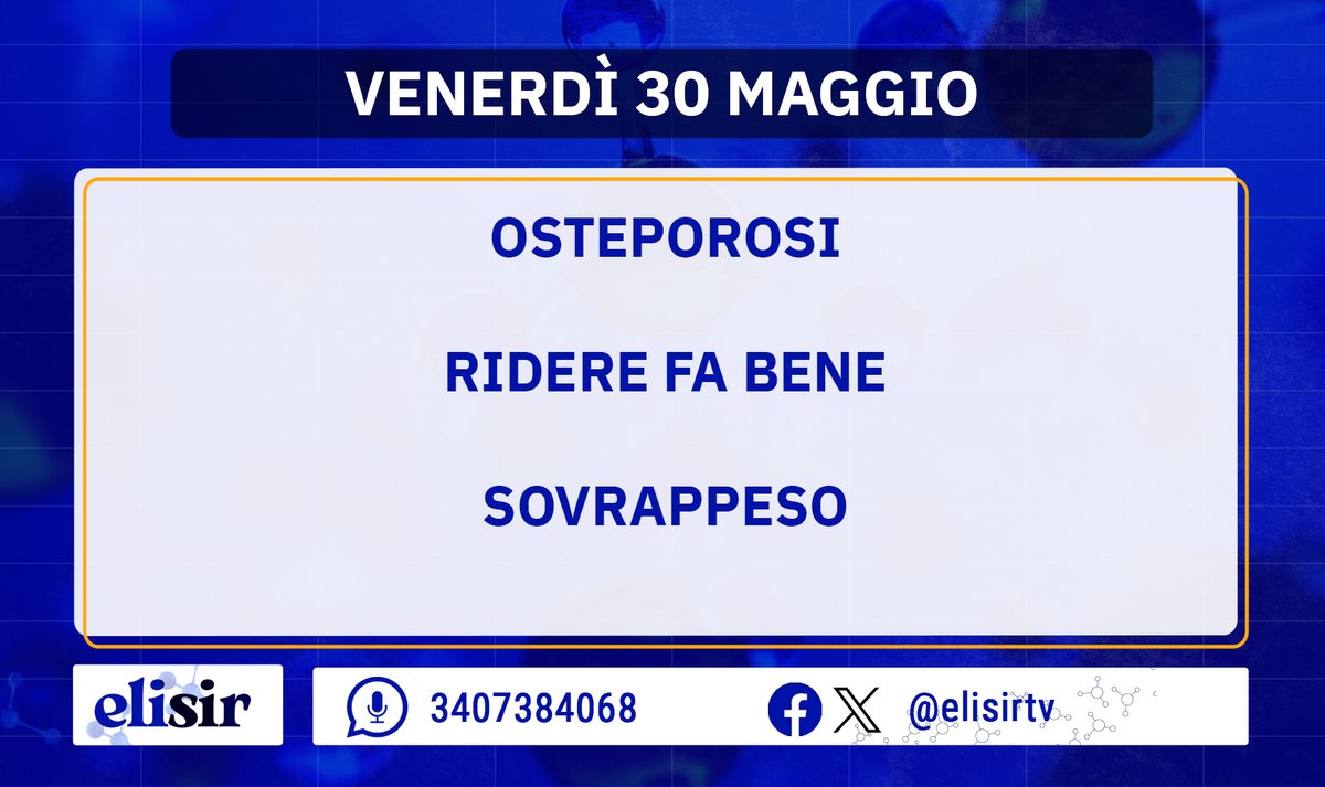 Buongiorno e bentrovati per l’ultima puntata di questa stagione di #Elisir!
Oggi, insieme ai nostri esperti, parleremo della prevenzione de delle cure per l'osteoporosi, ci occuperemo dei benefici della risata e cercheremo di fare chiarezza su come affrontare il sovrappeso.