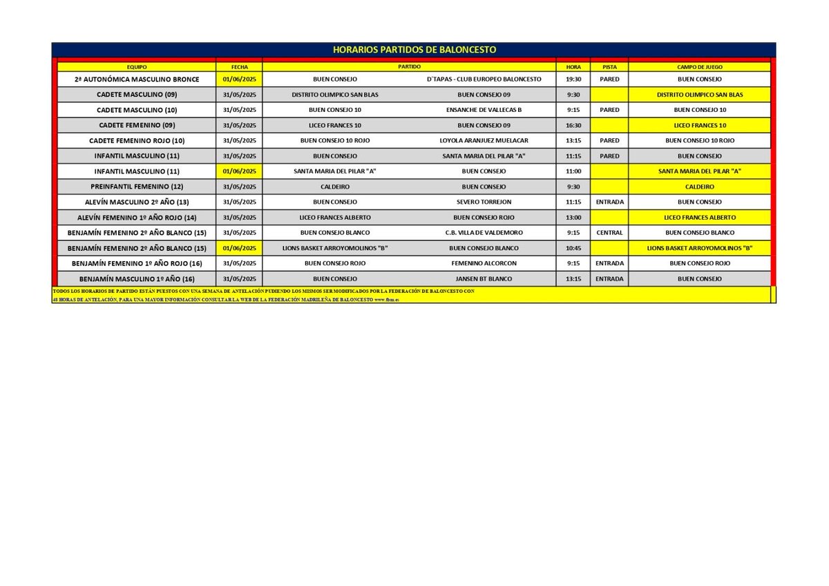 Horarios para la jornada del próximo fin de semana