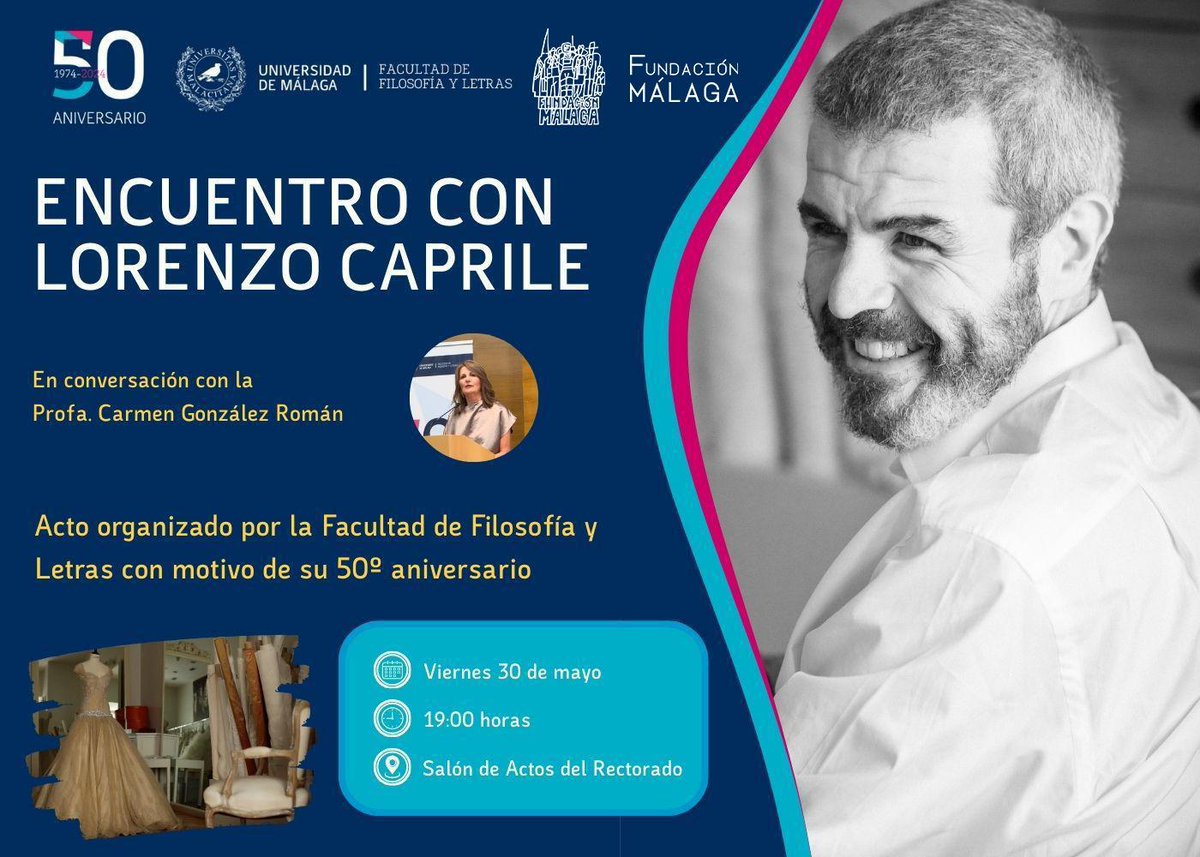 Universidad de Málaga (@infouma) on Twitter photo 🗓️Hoy viernes, a las 19.00 horas en el Rectorado, encuentro con Lorenzo Caprile, moderado por la profesora Carmen González.
Actividad organizada por <a href="/LetrasUma/">Filosofía y Letras</a> en el marco de su 50 aniversario. 🗓️Hoy viernes, a las 19.00 horas en el Rectorado, encuentro con Lorenzo Caprile, moderado por la profesora Carmen González.
Actividad organizada por <a href="/LetrasUma/">Filosofía y Letras</a> en el marco de su 50 aniversario.