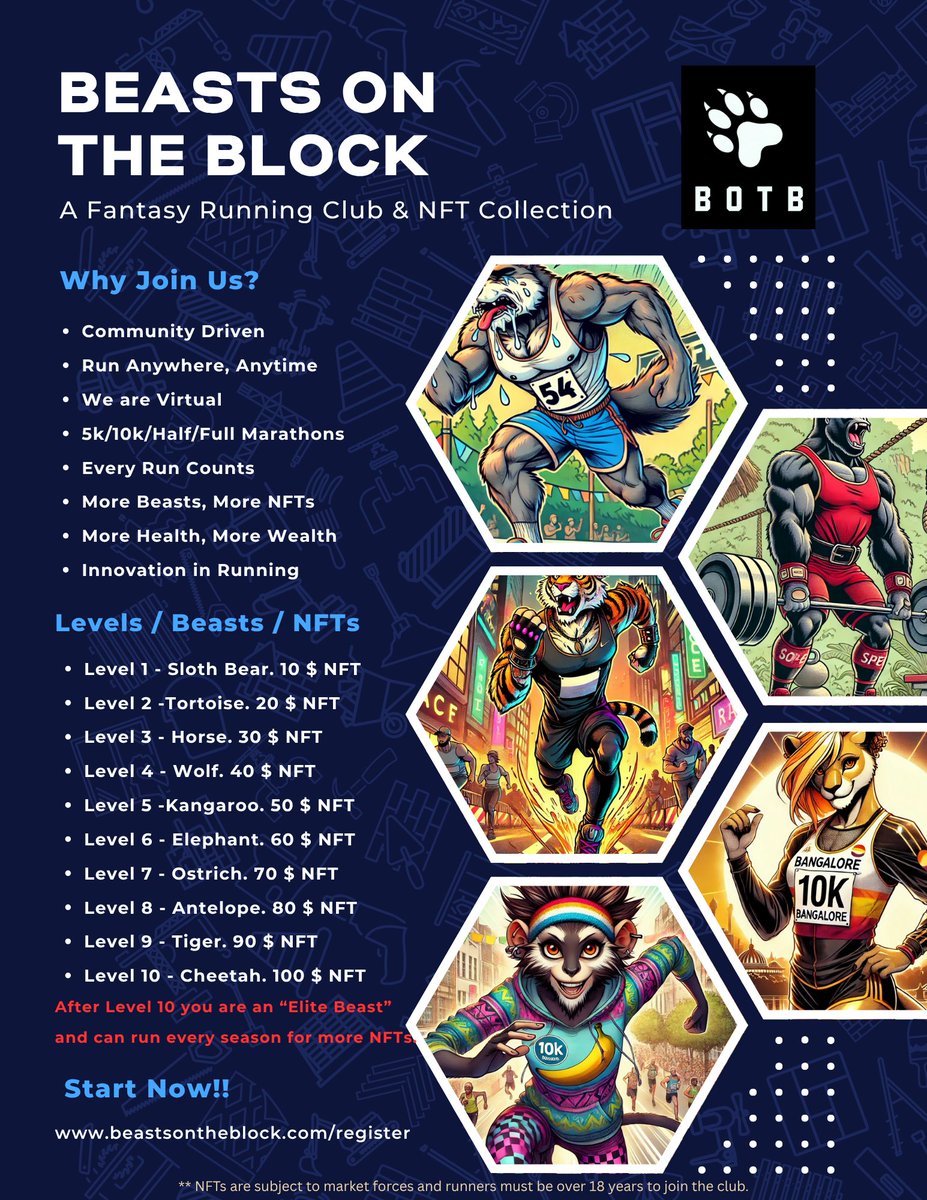 BOTBRunning's tweet image. Hello Community  - Wanted your inputs on my fantasy running club beastsontheblock if it can add any value to the community. Idea was to promote running and fitness and reward the community with fitness themed NFTs. Rules are simple, run more, earn more. pls try it.