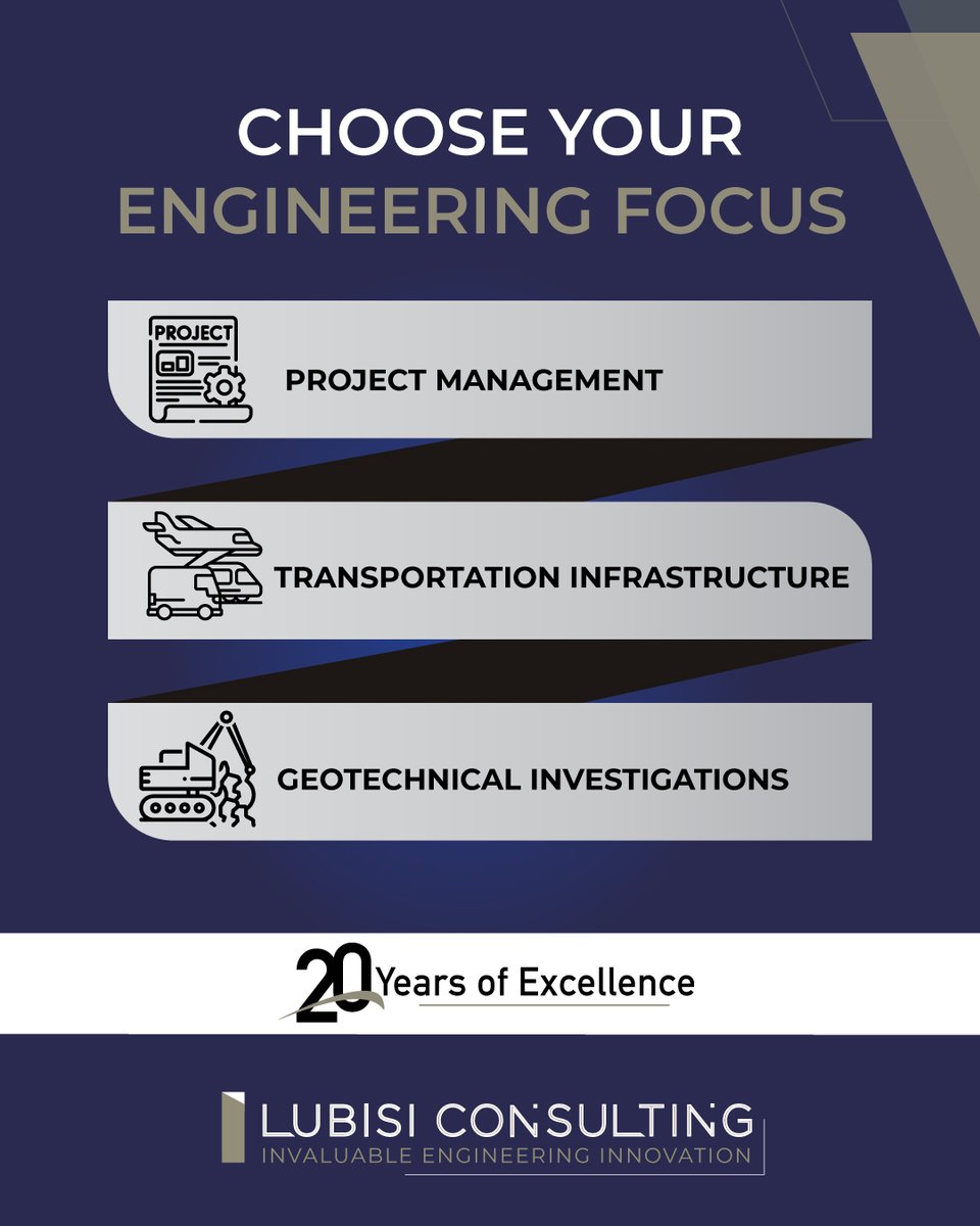 Lubisi_co's tweet image. Which service interests you most?
 Project Management, Transportation Infrastructure, or Geotechnical Investigations? 

Vote in our story! 

#EngineeringPoll #LubisiConsultingEngineers