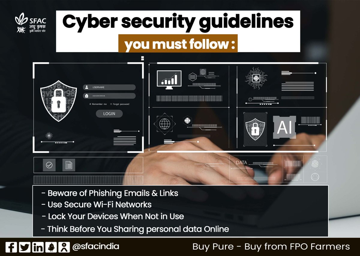 sfacindia's tweet image. Whether at work or home, cyber security awareness limits damage. Follow these guidelines to protect your confidential data.

@agrigoi @ChouhanShivraj @mpbhagirathbjp @RNK_Thakur @PIB_India @mygovindia 
#CyberSecurityAwareness #BePasswordSafe