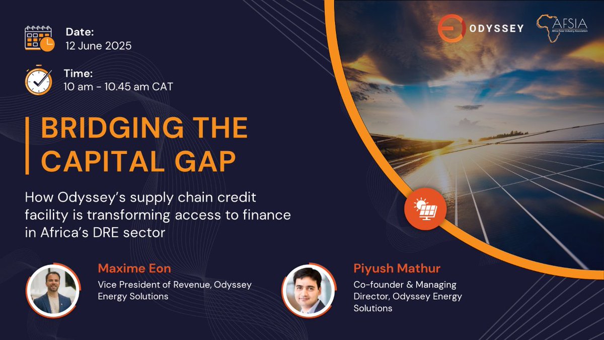 AFSIA_Official's tweet image. Join @OdysseyEnergyS on June 12 at 10 AM CAT to discover how their new supply chain credit facility is unlocking capital and accelerating energy projects across 49 Sub-Saharan African countries. 

Register here: us02web.zoom.us/webinar/regist…

#EPCs #developers #installers #AFSIA