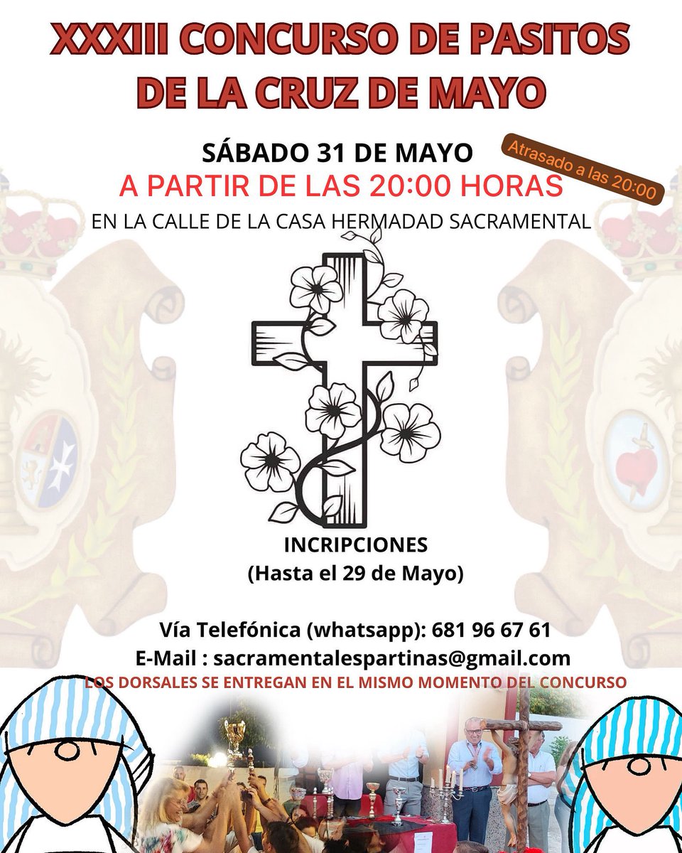 CONCURSO || El concurso de pasitos de la Cruz de mayo, se aplaza a las 20:00 horas de la tarde, evitando un poco más la calor.

Gracias a todos.
