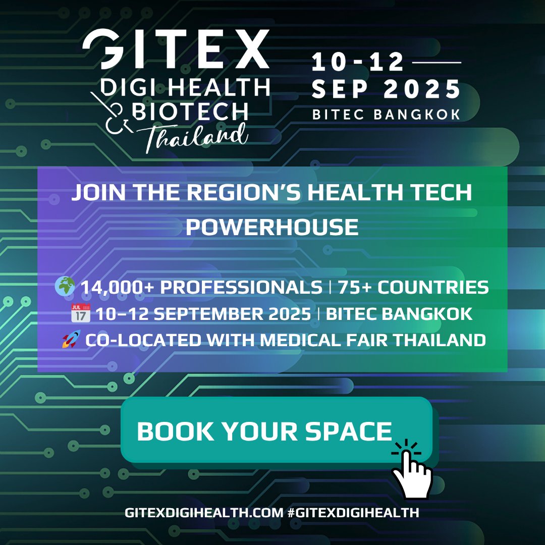 GITEX DIGI_HEALTH 5.0 (@gitexdigihealth) on Twitter photo From AI diagnostics to wearable tech, the future of healthcare is happening now and itโs all at <a href="/gitexdigihealth/">GITEX DIGI HEALTH & BIOTECH</a>, an industry sector of <a href="/GITEX_GLOBAL/">GITEX GLOBAL</a> Largest Tech & Startup Show in the World.
๐ฏ Book your stand: bit.ly/4dyhgXx
๐ท Book your pod: bit.ly/4dkAY94 From AI diagnostics to wearable tech, the future of healthcare is happening now and itโs all at <a href="/gitexdigihealth/">GITEX DIGI HEALTH & BIOTECH</a>, an industry sector of <a href="/GITEX_GLOBAL/">GITEX GLOBAL</a> Largest Tech & Startup Show in the World.
๐ฏ Book your stand: bit.ly/4dyhgXx
๐ท Book your pod: bit.ly/4dkAY94