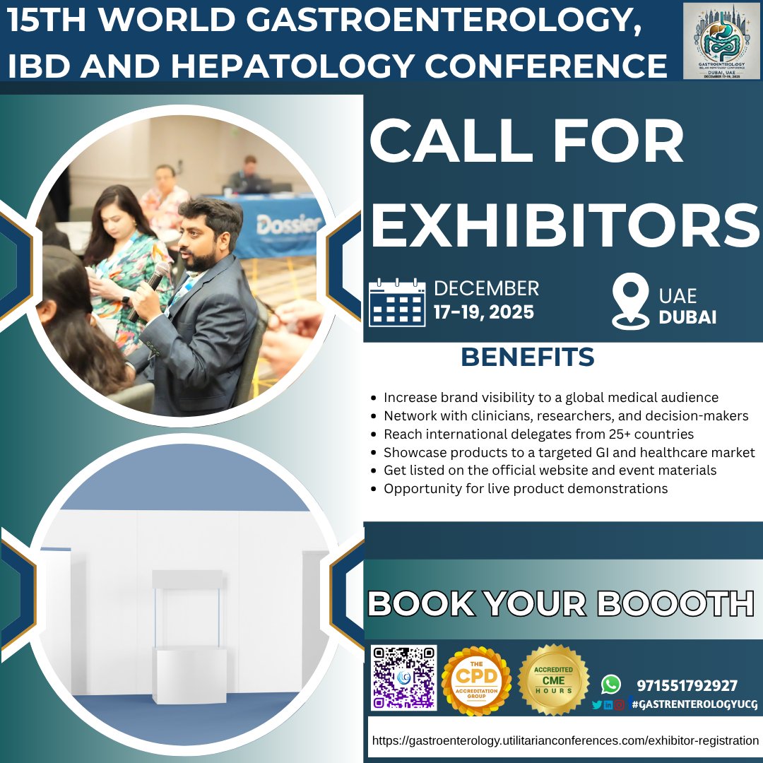 GastroUCG's tweet photo. 📢 Call for Exhibitors
Join Us at GastroenterologyUCG 2025 | December 17–19, 2025 | Dubai, UAE
We invite leading companies, medical suppliers, publishers, and technology providers.
🔗 Register: https://t.co/caFs4eYuUs
📱 For assistance: https://t.co/rylAMDYxpj
#GastroConference https://t.co/fl9D7tZtTl