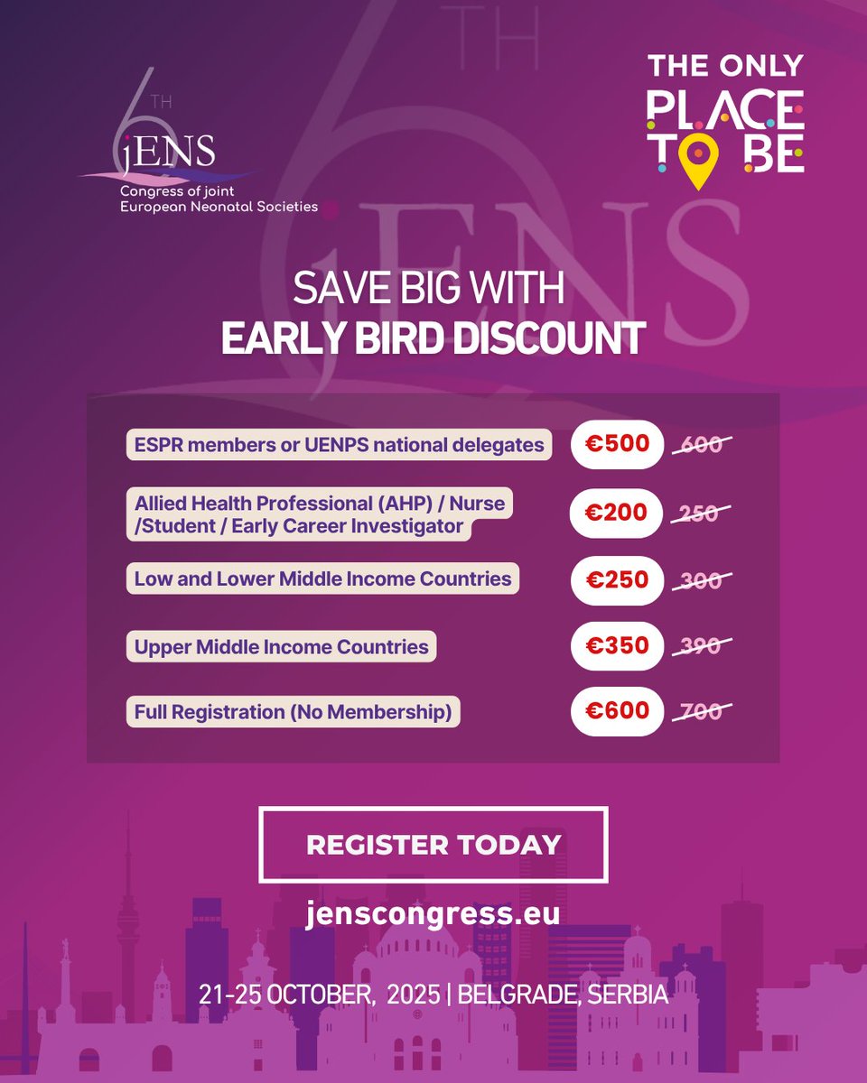 JENS_Congress's tweet image. Secure your #jENScongress 2025 ticket at the best rate – The #Neonatology congress of the year, uniting all major #neonatal and #paediatric societies in Europe and beyond.
Register before 11 July: 👉 bit.ly/jENS-REGISTRAT…
@ESPR_ESN @gfcni_newborn @UENPS_EU #neotwitter