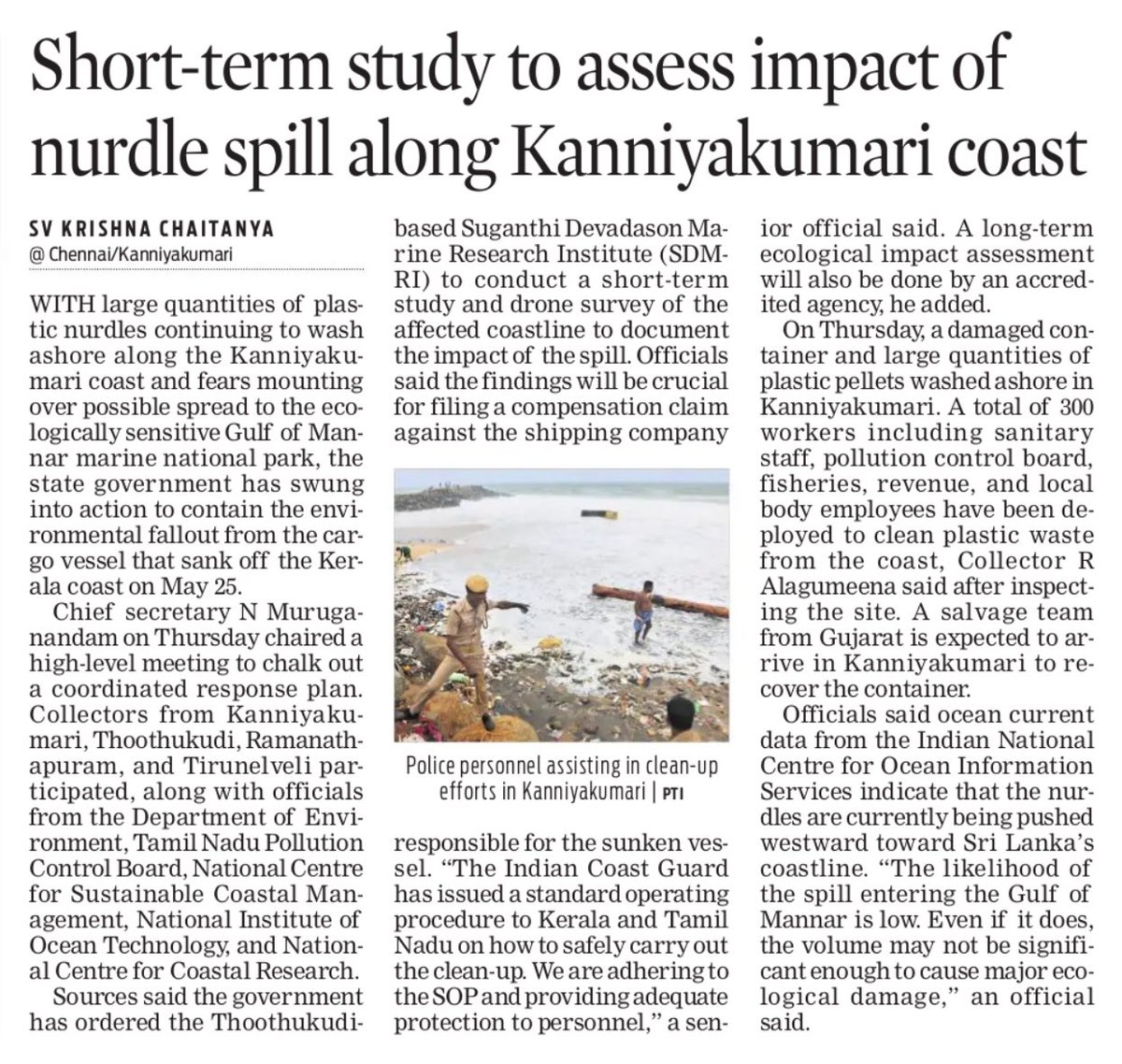 S V Krishna Chaitanya (@krish_tnie) on Twitter photo Yesterday <a href="/Chief_Secy_TN/">Chief Secretary, Govt. of Tamil Nadu</a> held a high-level meeting and it was decided to conduct a short-term impact assessment study and drone survey in the affected areas in #Kanniyakumari due to plastic nurdle spill, an environmental disaster which still unfolding after a Liberian commercial Yesterday <a href="/Chief_Secy_TN/">Chief Secretary, Govt. of Tamil Nadu</a> held a high-level meeting and it was decided to conduct a short-term impact assessment study and drone survey in the affected areas in #Kanniyakumari due to plastic nurdle spill, an environmental disaster which still unfolding after a Liberian commercial