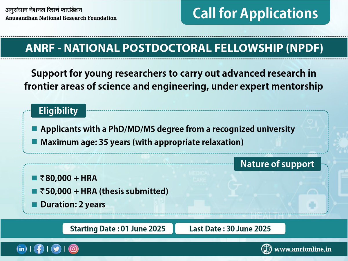 Anusandhan National Research Foundation (@anrfindia) on Twitter photo 📢 #ANRFIndia Invites Applications for National Post-Doctoral Fellowship (NPDF)!
Shape your research journey with support from <a href="/ANRFIndia/">Anusandhan National Research Foundation</a>
🗓️Application Period:
1 June 2025 – 30 June 2025
🔗For more, visit: anrfonline.in/ANRF/npdf
#researchgrant #NPDF 📢 #ANRFIndia Invites Applications for National Post-Doctoral Fellowship (NPDF)!
Shape your research journey with support from <a href="/ANRFIndia/">Anusandhan National Research Foundation</a>
🗓️Application Period:
1 June 2025 – 30 June 2025
🔗For more, visit: anrfonline.in/ANRF/npdf
#researchgrant #NPDF
