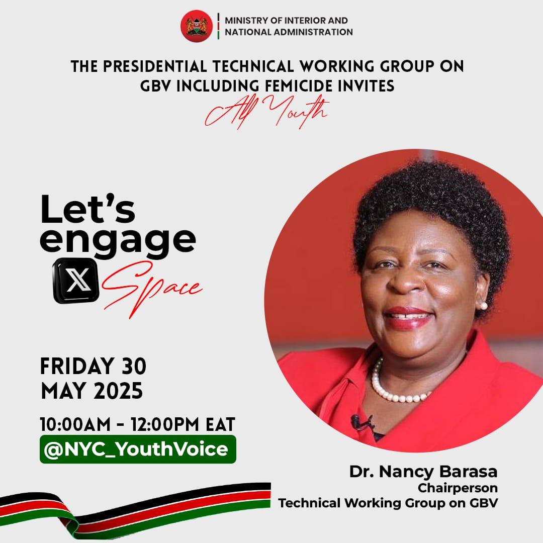 Endfemicideke's tweet image. Join @MelvineObollah  @BaloziZaha @NyaKabs and @rachaelmwiks this morning on this space; as we engage with Dr Nancy Barasa , Chairperson, Technical Working Group on GBV and Femicide. Hosted by @NYC_YouthVoice #EndFemicideKE #TotalShutDownKE #WeAreNotSafe