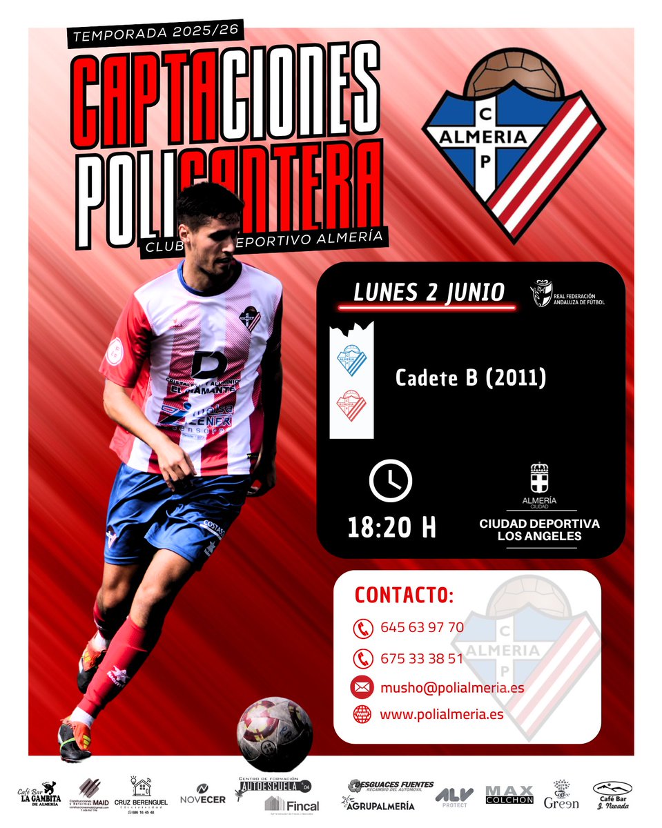 ⚽️JORNADAS DE CAPTACIÓN⚽️

👦🏻 Categoría: Cadete B

🗓️Lunes, 2 Junio

🕒 18:20 hrs.

🏟️Ciudad Deportiva Los Ángeles

#MushoPoli #Cantera #Almeria #Futbol
