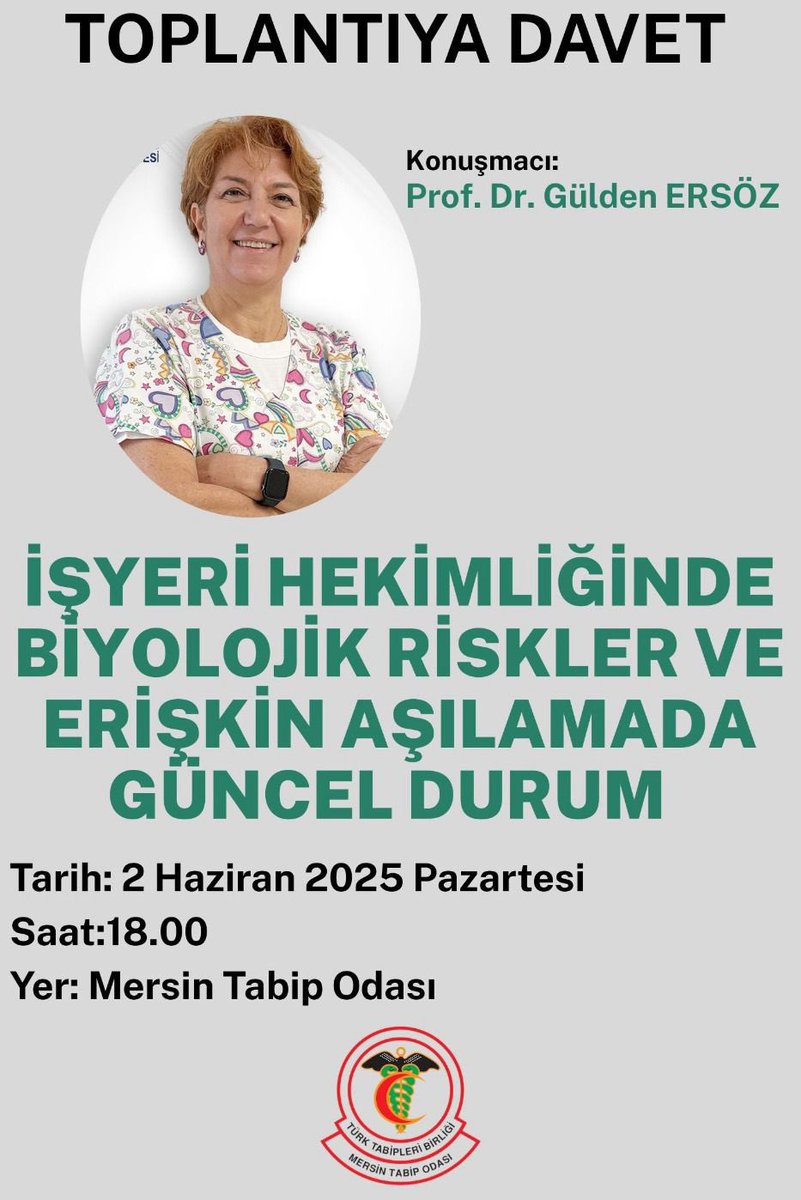 Prof. Dr. Gülden Ersöz’ün Sunumuyla “İşyeri Hekimliğinde Biyolojik Riskler ve Erişkin Aşılamada Güncel Durum” Semineri

Mersin Tabip Odası (MTO) İşçi Sağlığı ve İşyeri Hekimliği Komisyonu
<a href="/MersinTabipOda/">Mersin Tabip Odası</a> #güldenersöz