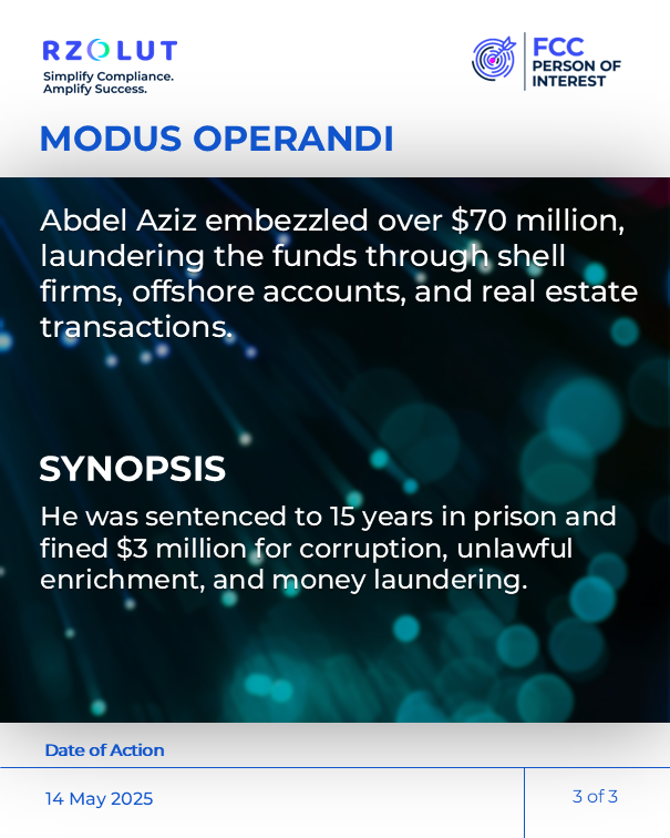 RzolutL's tweet image. On May 14, 2025, Mohamed Ould Abdel Aziz, former President of Mauritania, was sentenced to 180 months in prison and fined $3 million for abuse of power, illicit self-enrichment, and laundering public funds.

#moneylaundering #pep #adversemedia #corruption