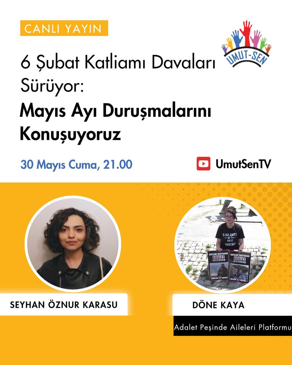 UMUT-SEN (@umutsendikasi) on Twitter photo #UmutSenTv | 6 Şubat Katliamı Davaları Sürüyor: Mayıs Ayı Duruşmalarını Konuşuyoruz
<a href="/Adaletpesindea/">Adalet Peşinde Aileleri Platformu</a> ile 6 Şubat Katliamı’nda katledilenlerin mayıs ayındaki duruşmalarını ve hak arayışlarını konuşacağız.
📌 Bu akşam, 21.00’de #UmutSenTv | 6 Şubat Katliamı Davaları Sürüyor: Mayıs Ayı Duruşmalarını Konuşuyoruz
<a href="/Adaletpesindea/">Adalet Peşinde Aileleri Platformu</a> ile 6 Şubat Katliamı’nda katledilenlerin mayıs ayındaki duruşmalarını ve hak arayışlarını konuşacağız.
📌 Bu akşam, 21.00’de