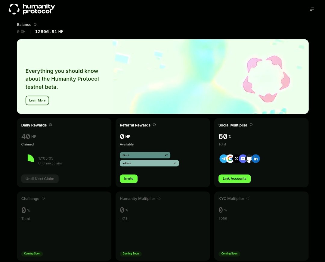 Gm. Remember to claim $HP daily and also connect all socials on <a href="/Humanityprot/">Humanity Protocol 「 🖐️ ✦ 🇺🇳 」</a> to get 60% boost on all claims.

Just getting started? 
Join here: testnet.humanity.org/login?ref=kayid
Connect socials (at least 3 for 60% boost).
Claim daily HP.