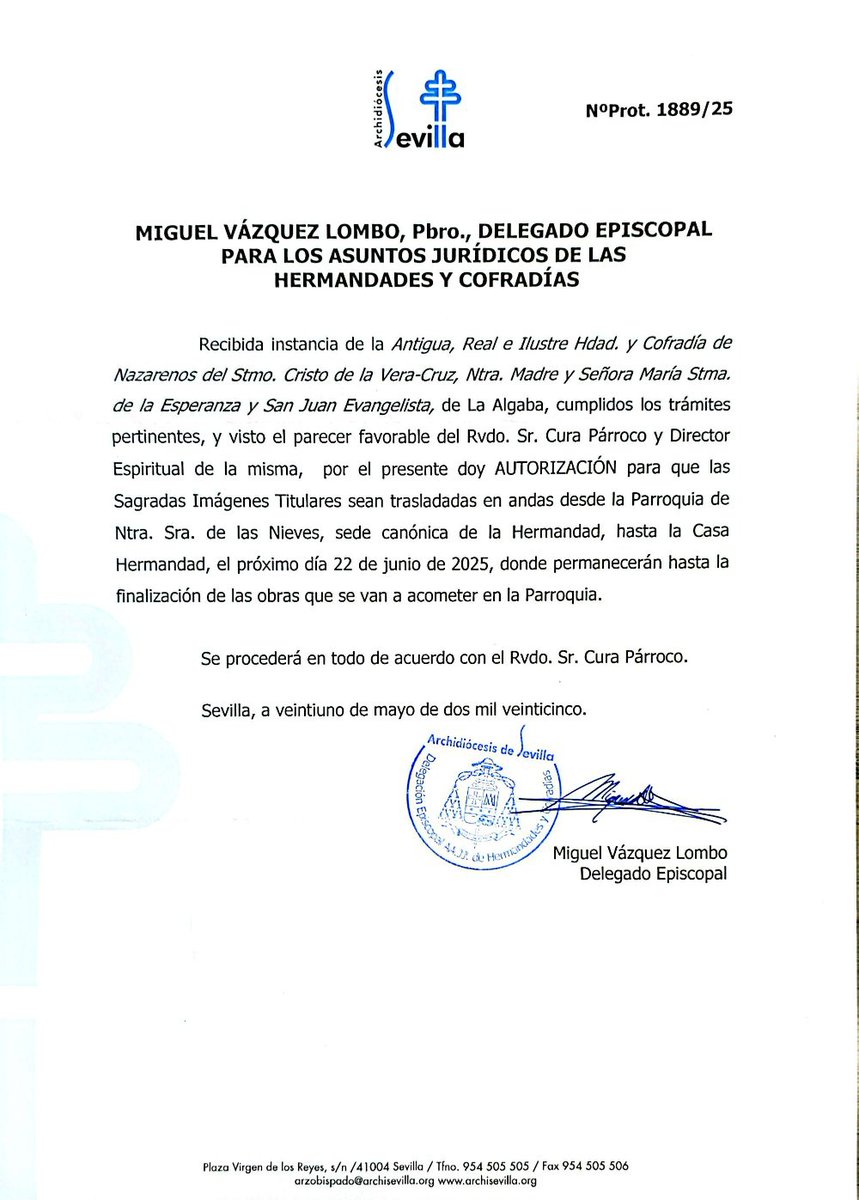 🟢 #ComunicadoOficial | TRASLADO DE NUESTRAS SAGRADAS IMÁGENES TITULARES A SU CASA DE HERMANDAD

La Antigua, Real e Ilustre Hermandad y Cofradía de la Santa VeraCruz de La Algaba, por medio de la presente, hace pública la información acerca del traslado temporal de nuestras