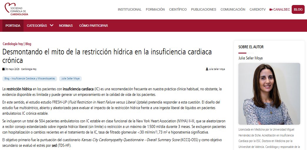 Soc Esp Cardiología (@secardiologia) on Twitter photo .@juliasellerm: “El FRESH-UP cuestiona la restricción hídrica sistemática en pacientes con IC ambulatoria en fase estable y nos sugiere que un enfoque más liberal puede mejorar la calidad de vida sin un aumento de eventos adversos". #BlogSEC <a href="/JovenesSec/">JóvenesSEC</a> ow.ly/N7CB50W1mw8 .@juliasellerm: “El FRESH-UP cuestiona la restricción hídrica sistemática en pacientes con IC ambulatoria en fase estable y nos sugiere que un enfoque más liberal puede mejorar la calidad de vida sin un aumento de eventos adversos". #BlogSEC <a href="/JovenesSec/">JóvenesSEC</a> ow.ly/N7CB50W1mw8