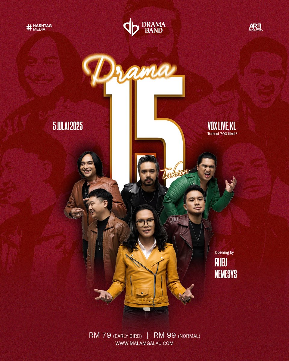 DRAMA BAND : DRAMA 15 TAHUN

🗓️ 5 July 2025
📍 Vox Live KL

🎟️ RM79, RM99
🔗 malamgalau.com