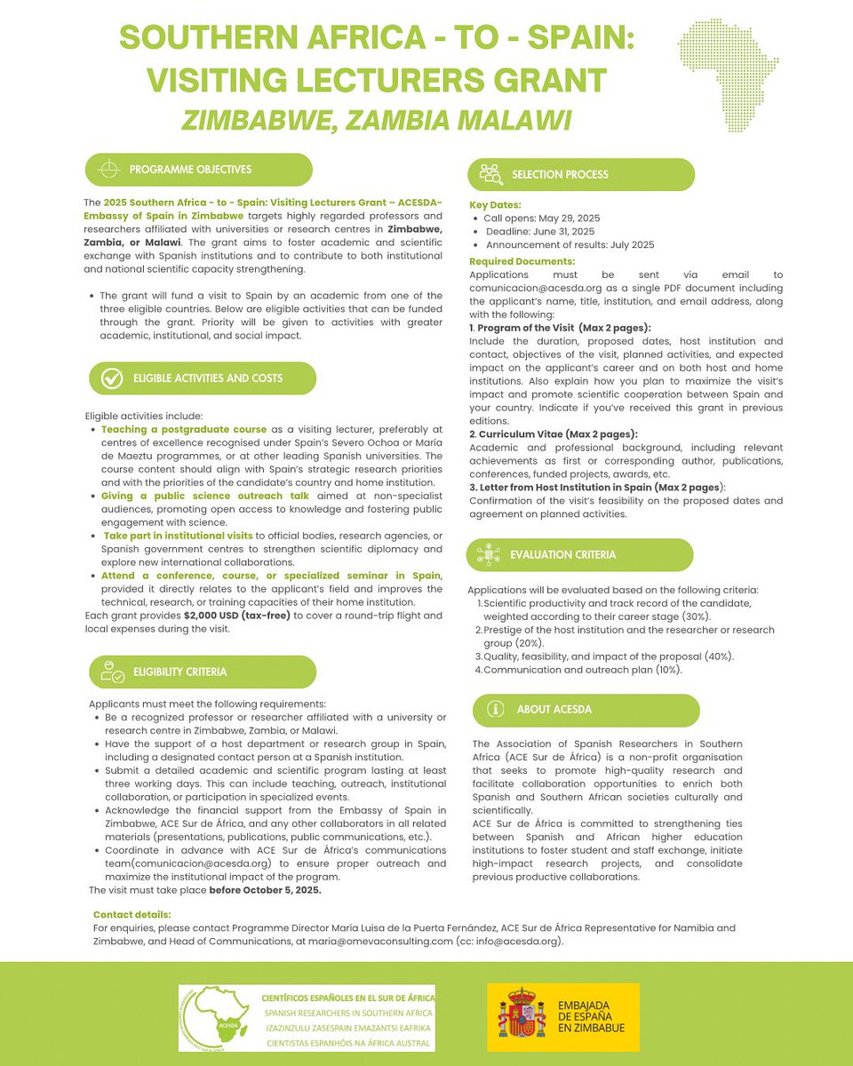 ACE Sur de África (@acesurafrica) on Twitter photo Calling lecturers from 🇿🇼🇲🇼🇿🇲!
Apply for the 2025 Southern Africa → Spain Visiting Lecturers Grant 🇪🇸
🔹 $2,000 USD support
🔹 Teach, present, connect
🗓️ Deadline: June 31
📩 Apply: comunicacion@acesda.org
#AcademicMobility #ScienceDiplomacy #ACESDA #Zimbabwe #Zambia #Malawi Calling lecturers from 🇿🇼🇲🇼🇿🇲!
Apply for the 2025 Southern Africa → Spain Visiting Lecturers Grant 🇪🇸
🔹 $2,000 USD support
🔹 Teach, present, connect
🗓️ Deadline: June 31
📩 Apply: comunicacion@acesda.org
#AcademicMobility #ScienceDiplomacy #ACESDA #Zimbabwe #Zambia #Malawi