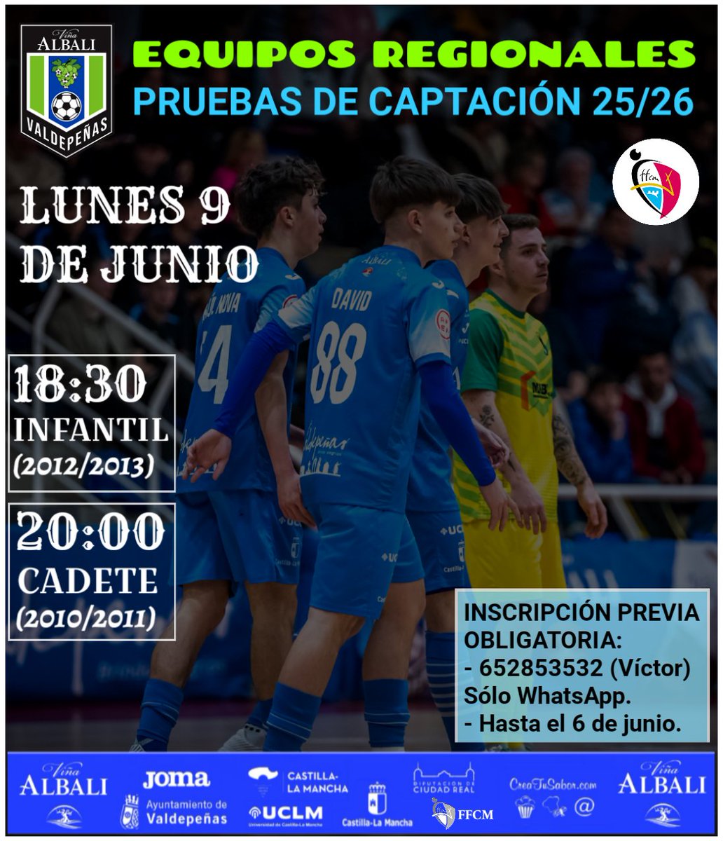 🔵 REGIONALES 🔵

📢 PRUEBAS DE CAPTACIÓN 25/26

📆 Lunes 9 de junio

🕣 18:30 INFANTIL (Nacidos en 2012 y 2013)
🕣 20:00 CADETE (Nacidos en 2010 y 2011)

🏟️ Pabellón Virgen de la Cabeza 

📝 Inscripción previa obligatoria: 652853532 (Víctor).
Por WhatsApp, hasta el 6 de junio.