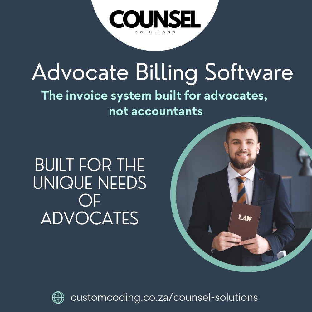 CustomCodingSA's tweet image. Easy billing tool for advocate in South Africa
#customcoding
#counselsolution
#advocatebilling
#advocateinvoicing
#southafricanadvocate
#legalsoftware