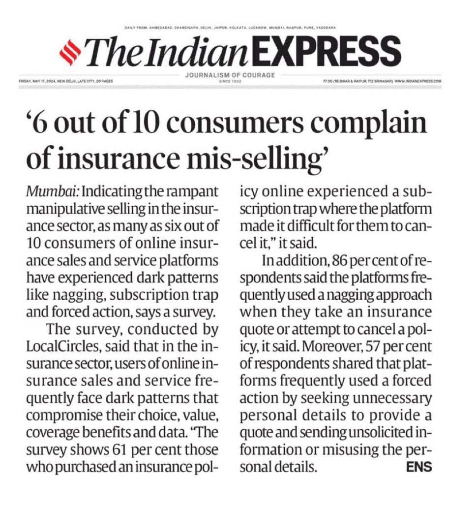 LocalCircles's tweet photo. @sachintaparia @TamannaInamdar @Sharad9Dubey @SurajyaCampaign @kushgrwl @vishalgondal @savitha_rao @prasannamohanty @andymukherjee70 @sandipsabharwal #insuranceaggregators #darkpatterns #baitandswitch #forcedaction #drippricing #confirmshaming #nagging #subscriptiontrap https://t.co/NN3HhFxHB9