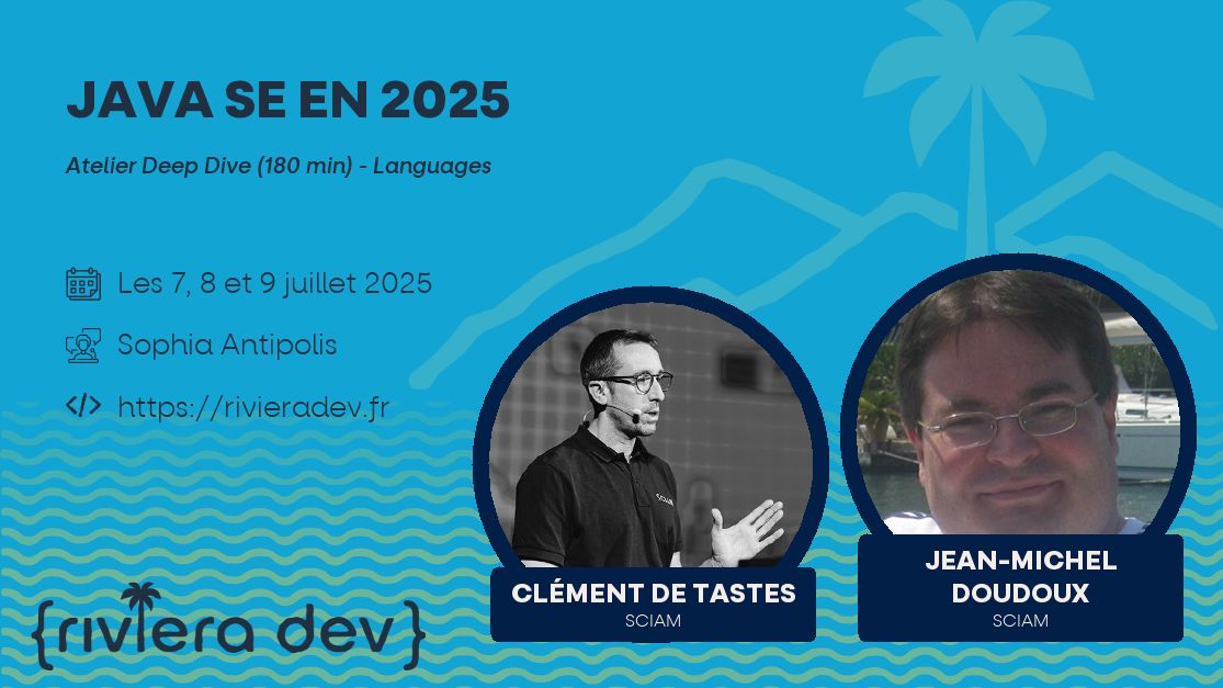 RivieraDEV's tweet photo. 🎙️📚 Annonce de Talk ➡️ Clément DE TASTES, Jean-Michel DOUDOUX: Java SE en 2025 (🕰️: 180 min)
Découvrez les nouvelles fonctionnalités Java jusqu'à JDK 24! Pattern matching, threads virtuels &amp; plus encore! https://t.co/J6TuXTw0xw