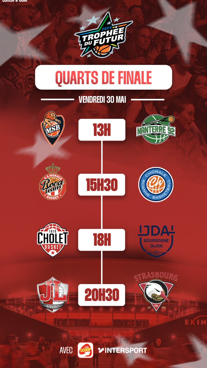 JL Bourg Basket (@jlbourgbasket) on Twitter photo 📅 Le programme du jour :
⚔️ <a href="/MSB_Officiel/">MSB_Officiel 🦁</a> – <a href="/Nanterre92/">Nanterre 92</a>
⚔️ <a href="/ASMonaco_Basket/">AS Monaco Basket 🇲🇨</a> – <a href="/ChoraleRoanne/">Chorale Roanne Basket</a>
⚔️<a href="/CB_officiel/">Cholet Basket</a> – <a href="/jdadijonbasket/">JDA Dijon Basket</a>
⚔️JL Bourg – <a href="/sigstrasbourg/">SIG Strasbourg</a>
4 quarts 🔥 pour lancer les hostilités 📅 Le programme du jour :
⚔️ <a href="/MSB_Officiel/">MSB_Officiel 🦁</a> – <a href="/Nanterre92/">Nanterre 92</a>
⚔️ <a href="/ASMonaco_Basket/">AS Monaco Basket 🇲🇨</a> – <a href="/ChoraleRoanne/">Chorale Roanne Basket</a>
⚔️<a href="/CB_officiel/">Cholet Basket</a> – <a href="/jdadijonbasket/">JDA Dijon Basket</a>
⚔️JL Bourg – <a href="/sigstrasbourg/">SIG Strasbourg</a>
4 quarts 🔥 pour lancer les hostilités
