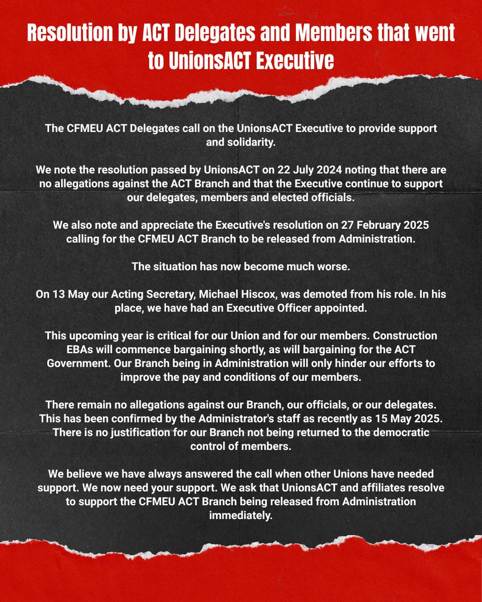 The ACT CFMEU resolution that went to UnionsACT Executive