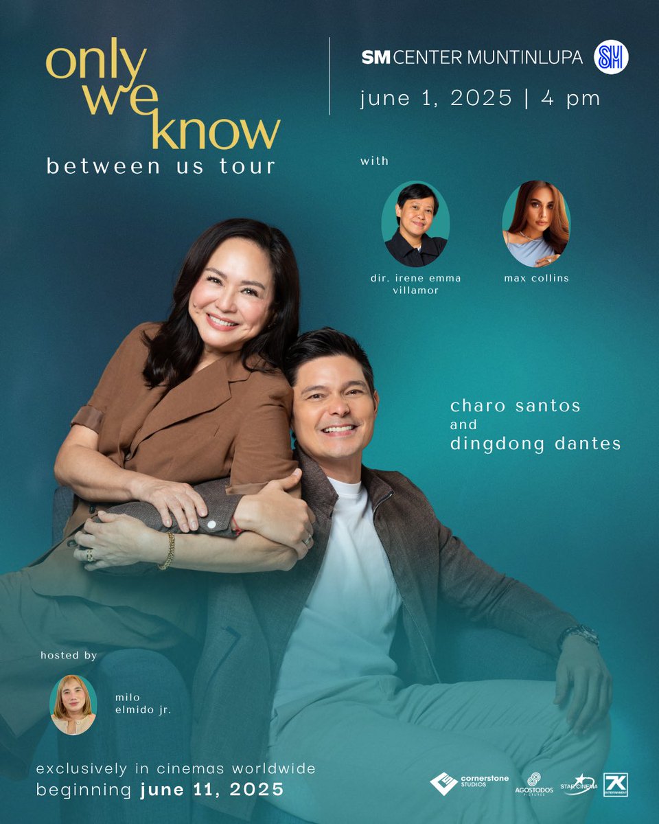 StarCinema's tweet image. Who’s down for a music sesh at SM Center Muntinlupa? 🩵

Join Charo Santos and Dingdong Dantes, with Director Irene Emma Villamor and Max Collins in ‘Between Us’ tour at SM Center Muntinlupa! 

Plus, get to enjoy a jamming session with KD Estrada, Jas Scales, Argel Saycon, LA…