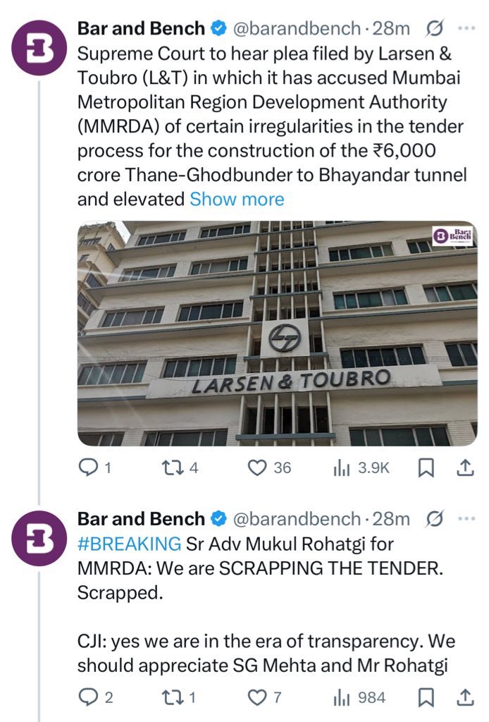 VishalBhargava5's tweet photo. Govt scraps tender after L&amp;T accused it of certain irregularities in the tender process of two massive projects. 
Previously MMRDA had disqualified L&amp;T on “technical grounds”. The company had bid ₹3,000 crore lesser than Megha Engineering. https://t.co/tUewmvRgMz