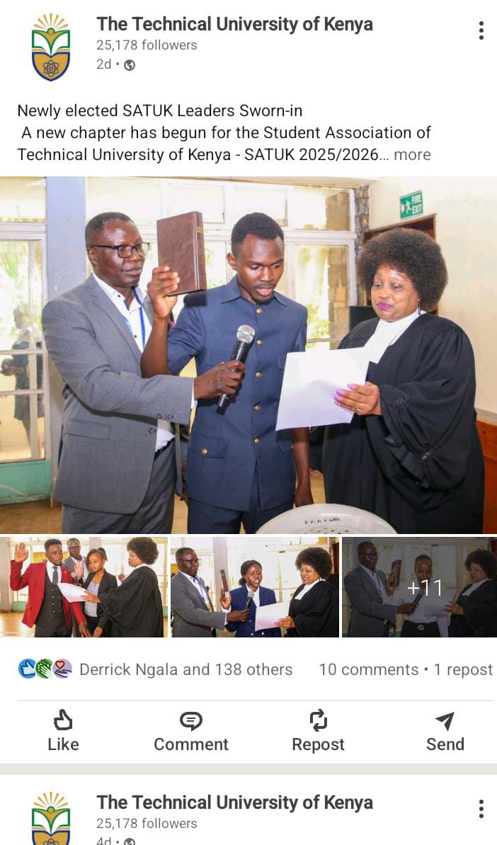 It's been a while but I would love to share with you that I was elected as the 8th President of Technical University of Kenya &amp; the chairperson of the Students Association of The Technical University of Kenya. A great milestone for TU-K Students fraternity