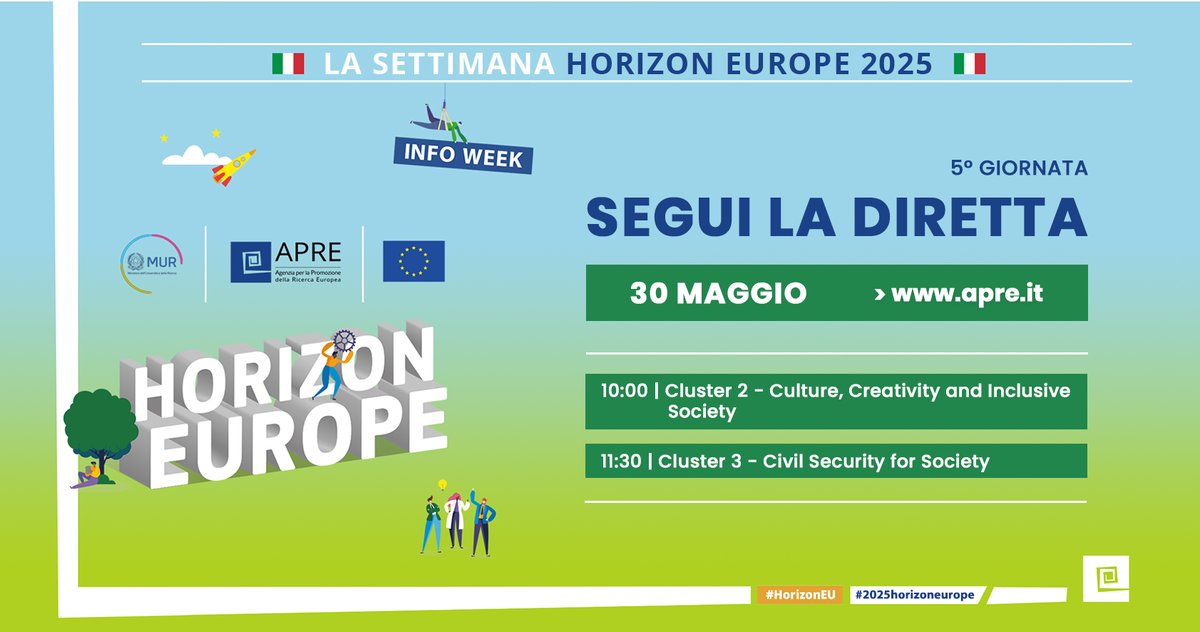 apre_it's tweet image. 🆒 La Settimana Horizon Europe 2025 - DAY5 🔔
📄 In programma:

🟢 Le opportunità nel #Cluster2
🟢 Le opportunità nel #Cluster3

@mur_gov_, @EU_Commission, @EUScienceInnov

streaming 👉 bit.ly/43iz1VZ

#2025horizoneurope #HorizonEU