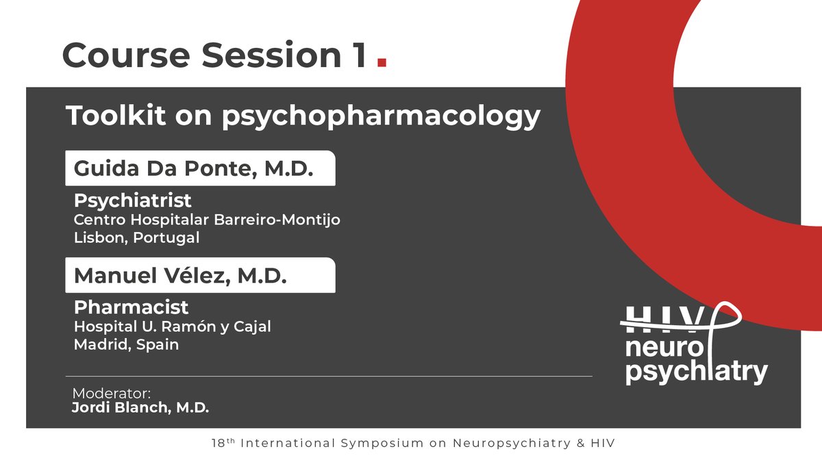 🧠 Session 1: Guida Da Ponte &amp; Manuel Vélez present tools for psychopharmacology in HIV care. Moderated by Jordi Blanch. 

<a href="/iasociety/">IAS - the International AIDS Society</a> <a href="/GrupoAF_VIH_SEF/">GrupoAF_VIH_SEFH</a> @FLSscience <a href="/EACSociety/">EACS</a> @aidsactioneurop <a href="/IAPAC/">IAPAC</a> <a href="/Esteban09090/">Esteban Martinez 🇺🇦</a> <a href="/DrJordiBlanch/">Dr. Jordi Blanch</a> 

#NeuroHIV25