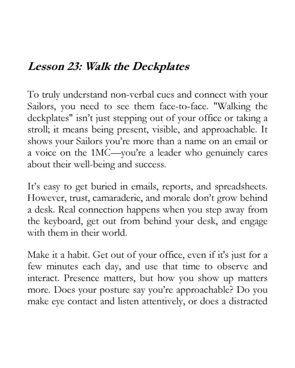 bigchiefcross's tweet photo. “Presence matters—walk the deckplates.”

Trust isn’t built behind a desk. Step out, engage, lead.

📘 Discover Lesson 23 + more in How to Navy: Lessons of Leadership from the Deckplates

🔗 https://t.co/jMlMrE2dbA

#howtonavy #deckplateleadership #leadfromthefront https://t.co/02A3COFf0g