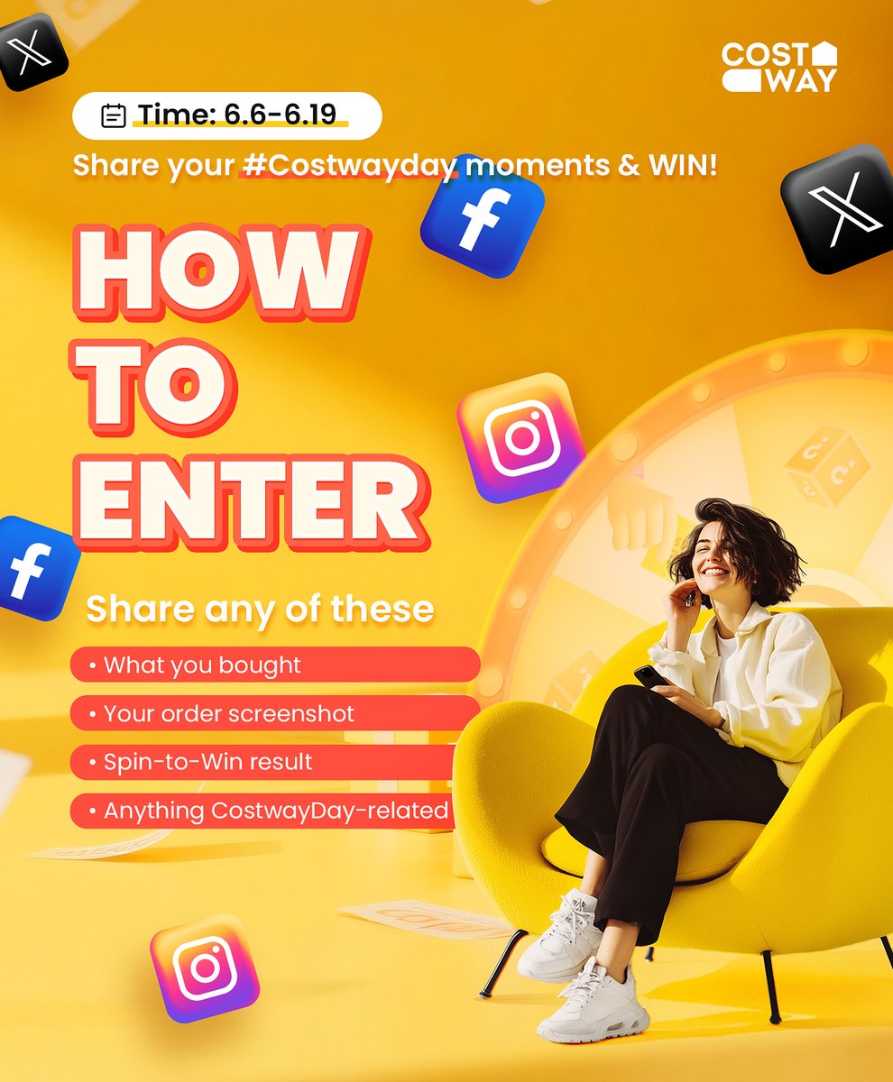 🎉 It’s almost here… Costway Day is coming.
🛍 June 6–8 👉 bit.ly/4kMvN4p

Want to win a Costway Gift Card? 👀
Just share your #CostwayDay moment to enter!

Here’s how to join:
✔ Shop during Costway Day (6.6–6.8)
✔ Post on social media by June 19
✔ Tag @costway &amp; use