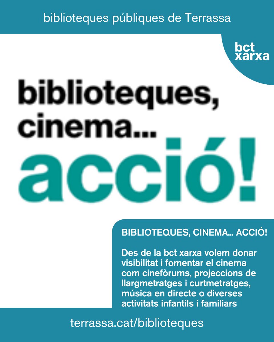 Biblioteques, cinema... acció!
Des de <a href="/bctxarxa/">bct xarxa</a> volem donar-hi visibilitat i fomentar la participació de la ciutadania al cinema on trobareu activitats com tallers, cinefòrums, projeccions de llargmetratges i curtmetratges, activitats infantils

Informació
terrassa.cat/biblioteques-c…