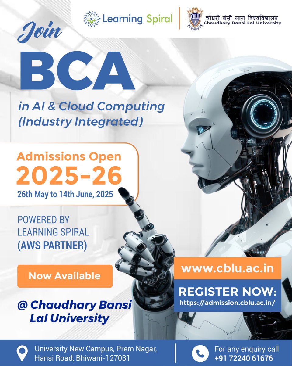 Learning Spiral (@learningspiral) on Twitter photo earning Spiral Ltd. partners with <a href="/CbluBhiwani/">Chaudhary Bansi Lal University Bhiwani</a> to launch a cutting-edge BCA in AI & Cloud Computing (powered by AWS)!
๐ Industry-ready curriculum
๐ผ Internships & certifications
๐
Apply: 26 Mayโ14 June 2025
๐ admission.cblu.ac.in
#AI #Cloud #BCA #LearningSpiral #CBLU earning Spiral Ltd. partners with <a href="/CbluBhiwani/">Chaudhary Bansi Lal University Bhiwani</a> to launch a cutting-edge BCA in AI & Cloud Computing (powered by AWS)!
๐ Industry-ready curriculum
๐ผ Internships & certifications
๐
Apply: 26 Mayโ14 June 2025
๐ admission.cblu.ac.in
#AI #Cloud #BCA #LearningSpiral #CBLU