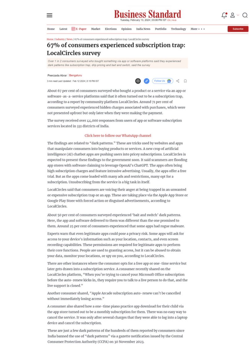 LocalCircles's tweet photo. @sachintaparia @TamannaInamdar @Sharad9Dubey @SurajyaCampaign @kushgrwl @vishalgondal @savitha_rao @prasannamohanty @andymukherjee70 @sandipsabharwal #appsoftwareplatforms #darkpatterns #baitandswitch #forcedaction #drippricing #nagging #subscriptiontrap https://t.co/KrqnfT0q3S