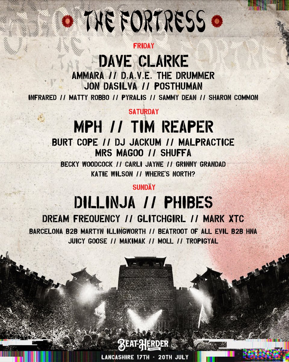 🔥🏰🔥THE FORTRESS🔥🏰🔥

It's another banger of a year in our very own INSANE Fortress!

3 different days with the best from
New Rave/Techno
UKG/4X4/D&amp;B/Jungle
Legendary Classics &amp; House.

If it BANGS it's in and it goes OFF

tickets: beatherder.co.uk

HERD EM UP! xx