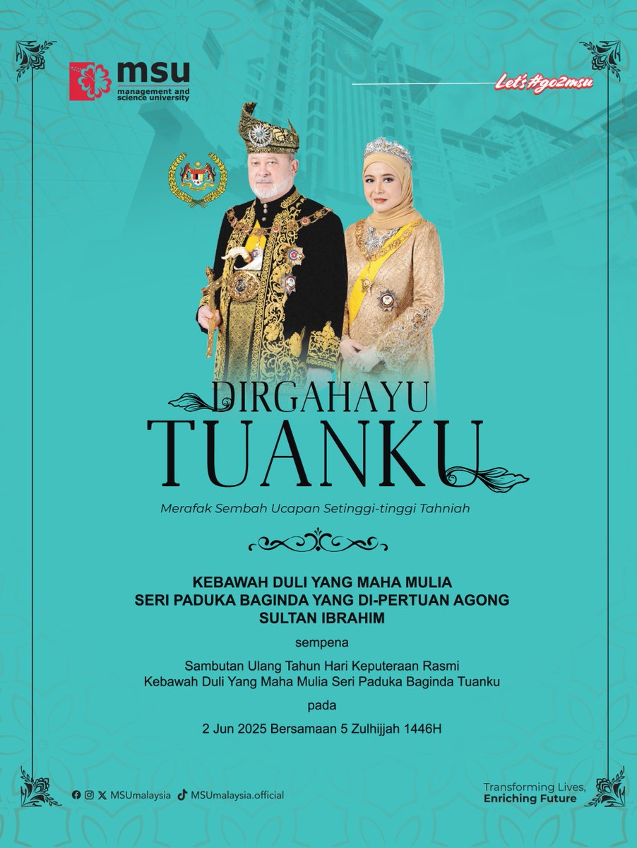 DAULAT TUANKU

Salutations and heartiest congratulations to His Majesty Seri Paduka Baginda Yang di-Pertuan Agong Sultan Ibrahim Ibni Almarhum Sultan Iskandar on the occasion of His Majesty’s blessed birthday. 

#MSUmalaysia
